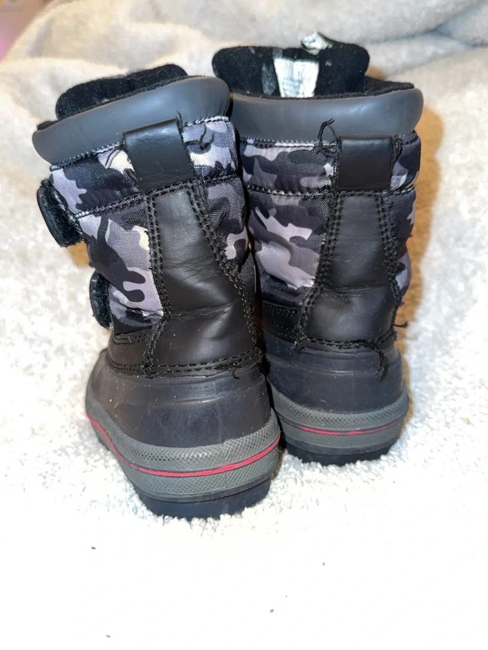 Kids Black Snow Boots with Gray Camo Trim - Easy Hook & Loop Closure
